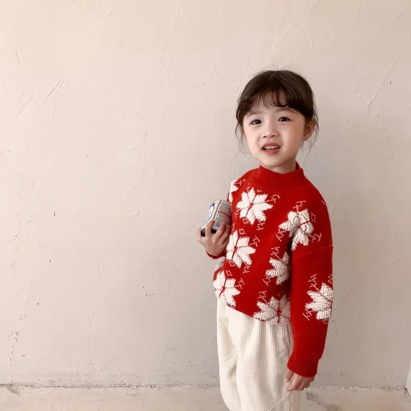 

Children's Sweaters 2023 Winter Girls Three-dimensional Snowflake Knit Kids Red Christmas Sweaters Top