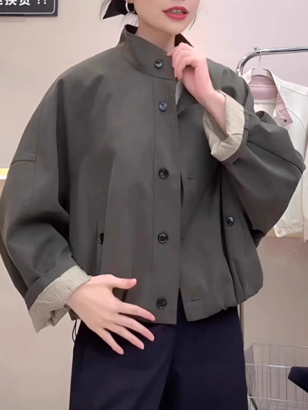 

Ele Stand Collar ort Jaet Women's Loose Casual Workwear Spring Autumn New Sle Versatile Lightweight Coat Top