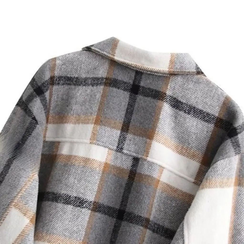 

Women's Gray Plaid Woolen Coat Single-Breasted Loose Fit Autumn Winter Shirt European American Style with Pocket