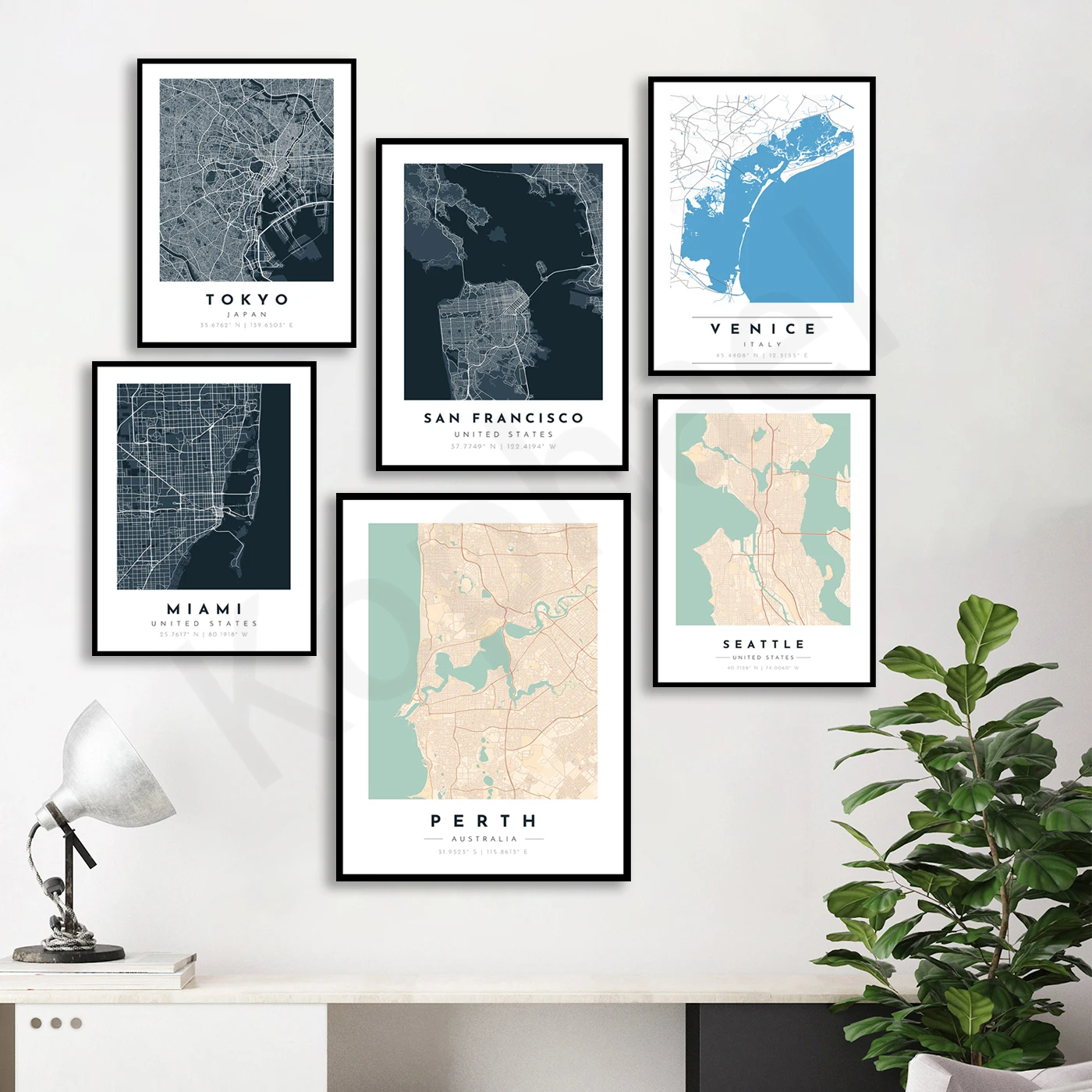 Perth, londres, tokio, berlín, Bangkok, el país, San Francisco, Buenos Aires, venecia, Miami, Seattle Póster Artístico de mapa de la ciudad, decoración de pared del hogar