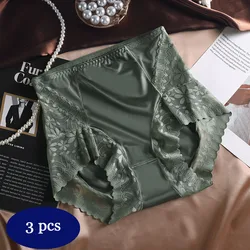 3PCS Lace Sexy Silk Satin Panties High-rise Waist Belly Breathable Bottom Cotton Crotch Plus Size Briefs Underwear For Women
