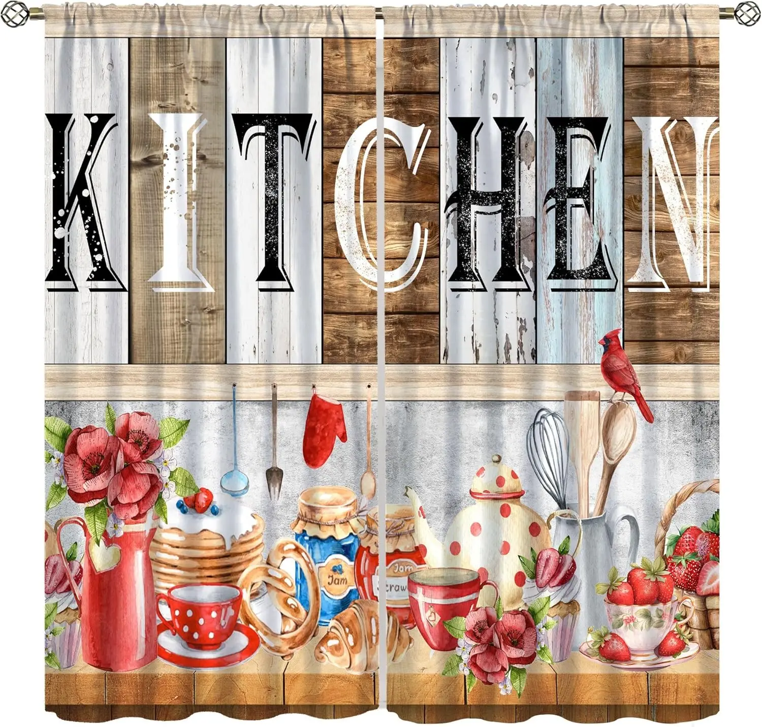 Farmhouse Vintage Kitchen Curtains Rustic Wood Plank Barn Door Retro Strawberry Kitchen Utensils Knives and Forks Window Drapes