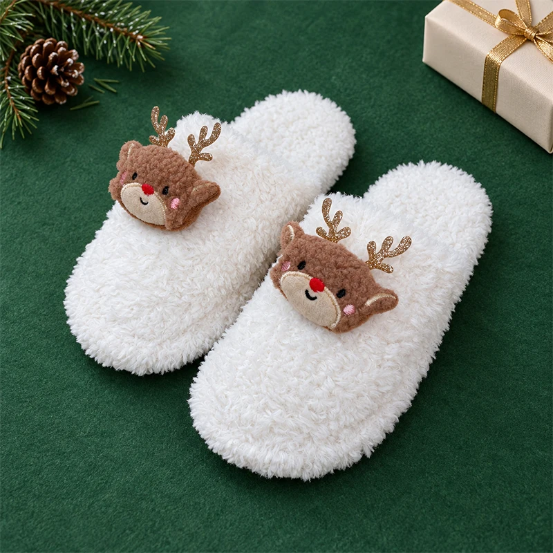ZUOFU Weihnachts-Plüsch-Hausschuhe für Damen, Herren und Paare, Rentier, Weihnachtsmann, Schneemann, Baum, Glocke, Handschuh, warm, flauschig, rutschfest, für drinnen und zu Hause – Detail 2