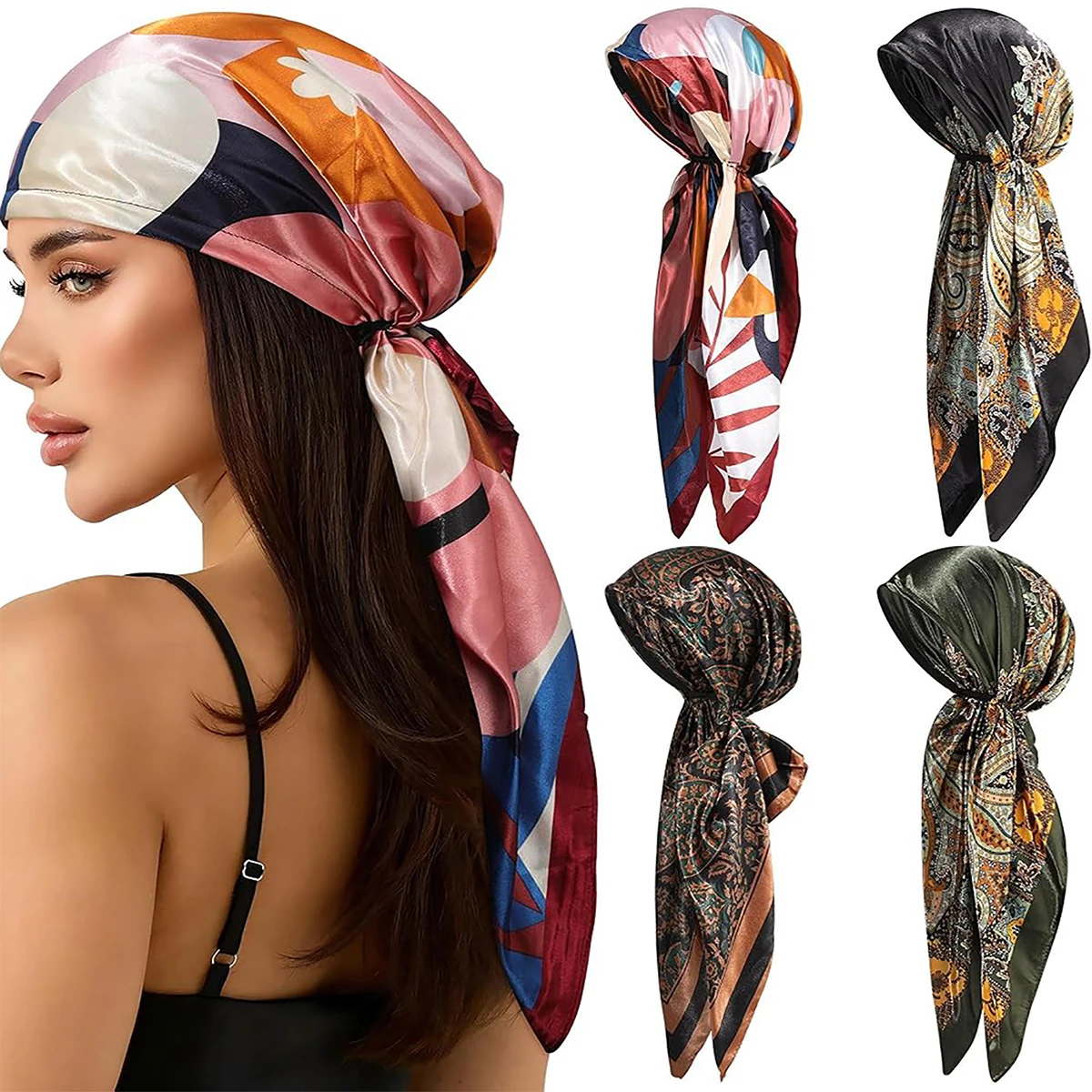 Drucken Turban Hut Bandanas Stirnband Leopard Print Männer Haar Verpackung Foulard Satin Schal Kopf Bandana Hijab Frauen Haar Zubehör