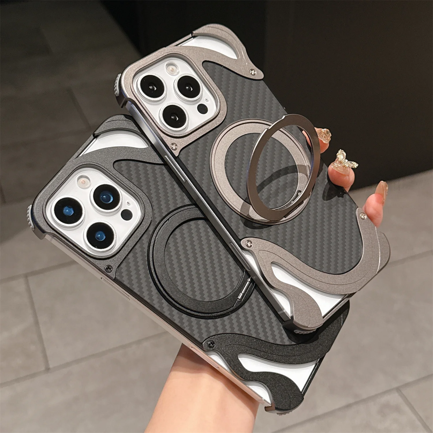 

Aluminum Alloy Metal Case For iPhone 14 15 16 Pro Max Aramid Fiber 360 Rotation Bracket Shockproof Bumper Ring Stand Cover