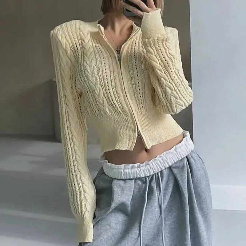 Chaquetas tipo cárdigans con cuello levantado para mujer, abrigos lisos de manga larga con hombreras informales de punto con cremallera elegante