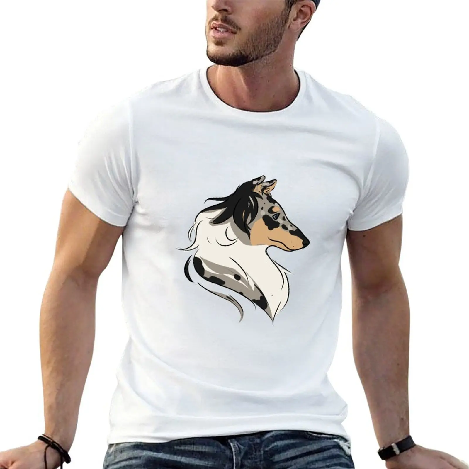 Camiseta Blue Merle Rough Collie para hombre, camisetas de algodón para hombre, camisetas gráficas vintage para hombre, camiseta divertida de algodón