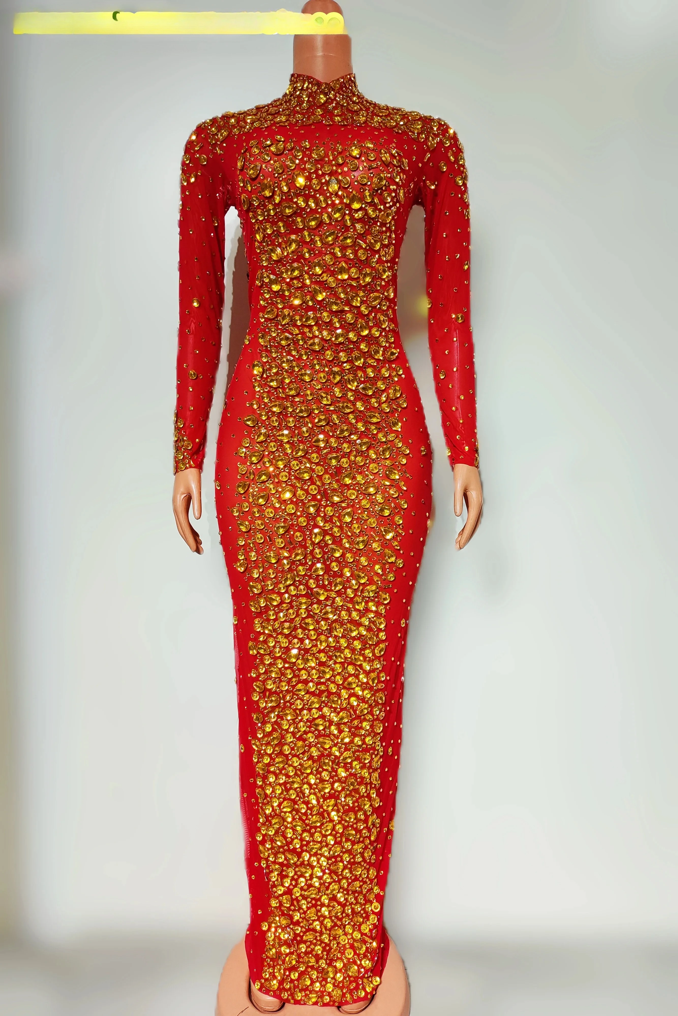 메쉬 생일 축하 이브닝웨어 여성 가수 쇼 시스루 의상 섹시한 진주 스톤 미러 롱 드레스