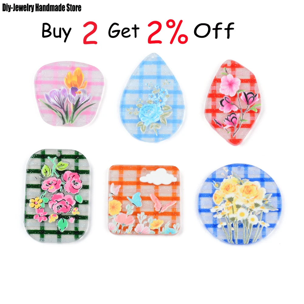 Colorful Beautiful Flower Painting Flat Acrylic Pendants Plate Jewelry Accessories Handmades Fashion For DIY Earrings 10pcs