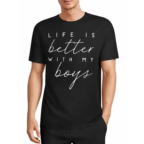 Minimalist Handwritten English Text Life Is Better with My Boys Family Theme Printed Black T-Shirt