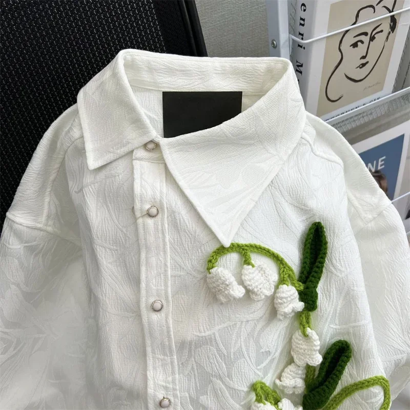 Oversize Long Sleeve 3D Flower Shirt Blusa Feminina White Blouses for Women Fashion 2024 Embroidery Tops Lady Casual Shirts