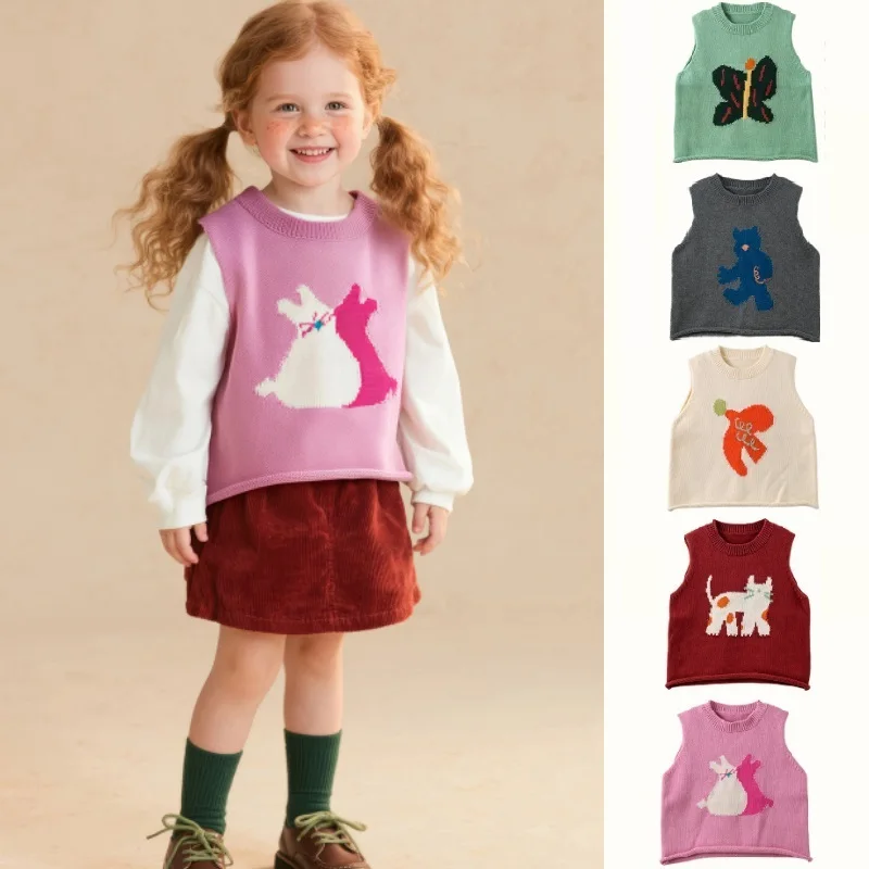 

Girl's Vest 2025 Autumn New Pink Printed Embroidered Fashionable Knitted Vest Pure Cotton Cute Baby Sweater Children's Clothing