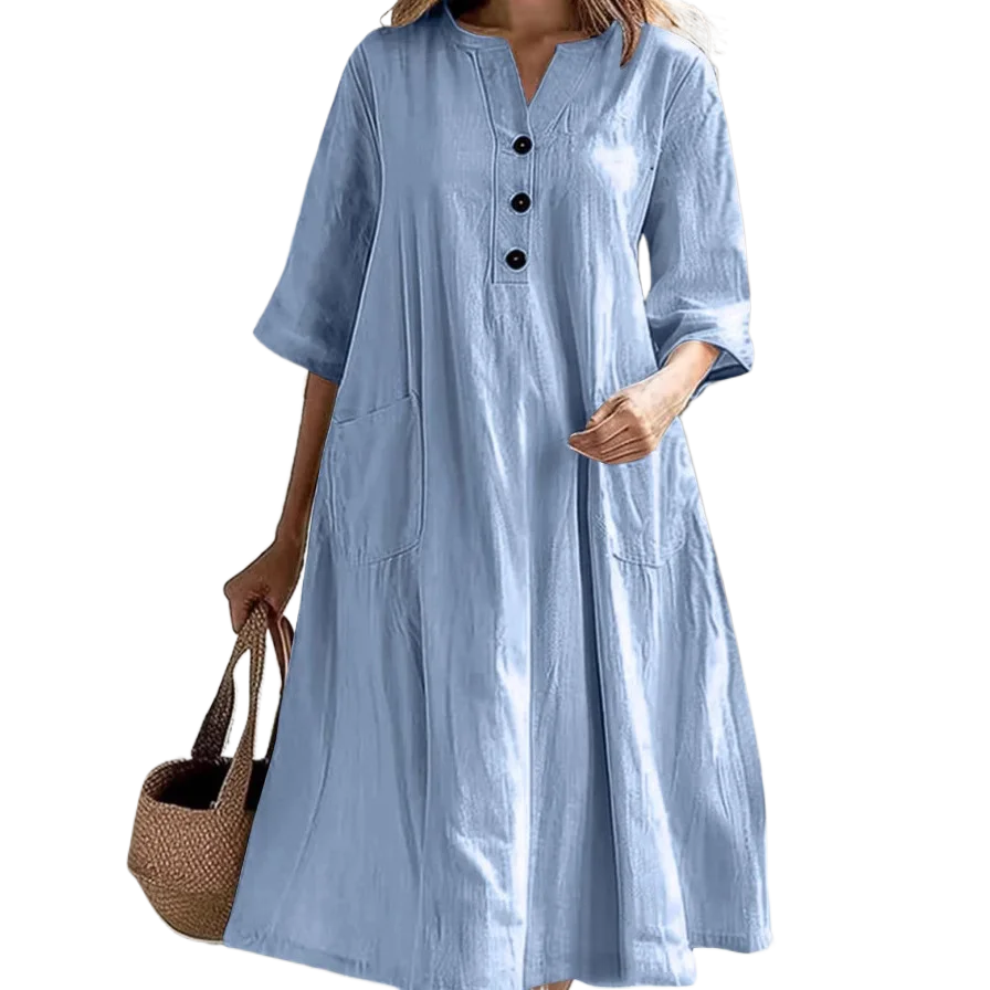 

Casual Loose Cotton Long Dress Women Spring Summer 2025 Fashion Half Sleeve V-Neck Pockets Dresses Elegant Party Vestidos Robe