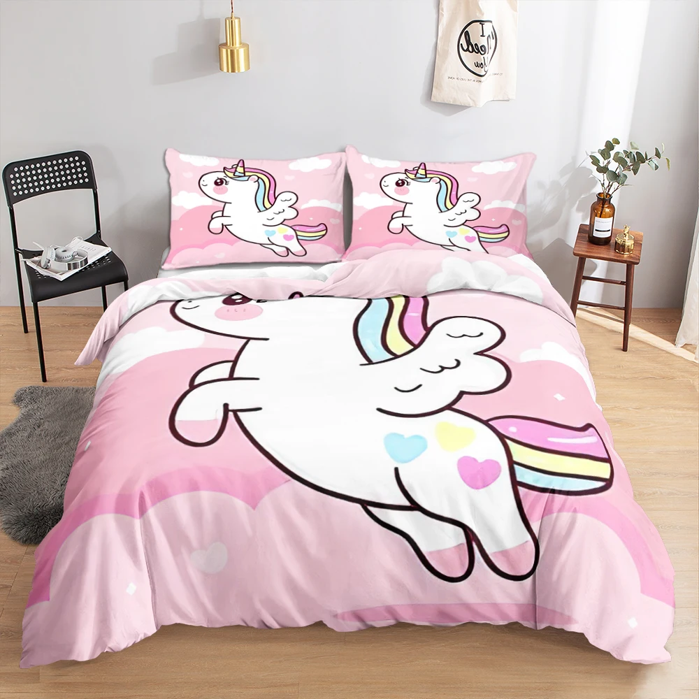 Kawaii Unicorn Colorful Luminous Unicorn Kids Bedding Set For Girls Pink Deluxe Quilt Cover Bedding Set King Queen Quilt Cover