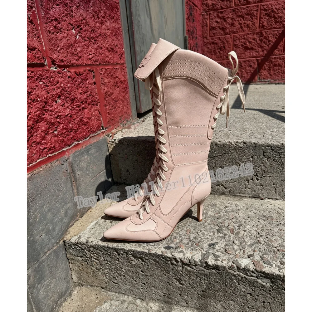 Light Pink Faux Leather Women Knee High Boots Pointed Toe Front Lace Up Thin Stiletto Heel Fold Cuff Back Lace Daily Long Heels