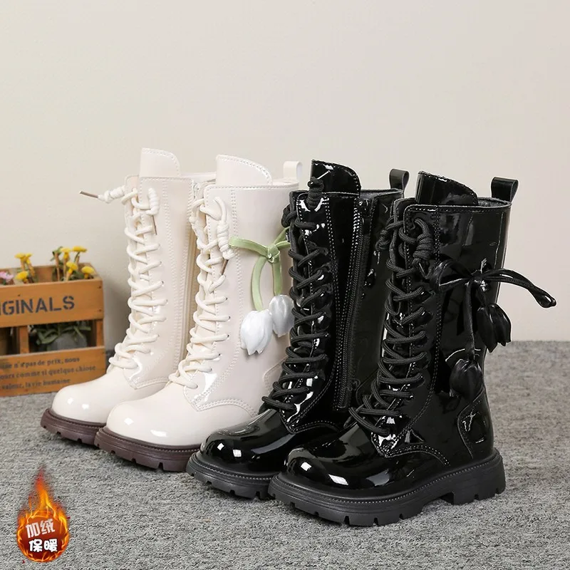 

Girls Fashion Patent Leather Princess Boots Tulip Bowknot - Kids Warm Plush Lined Ankle Boot Chunky Sole Lace-up Winter Footwear