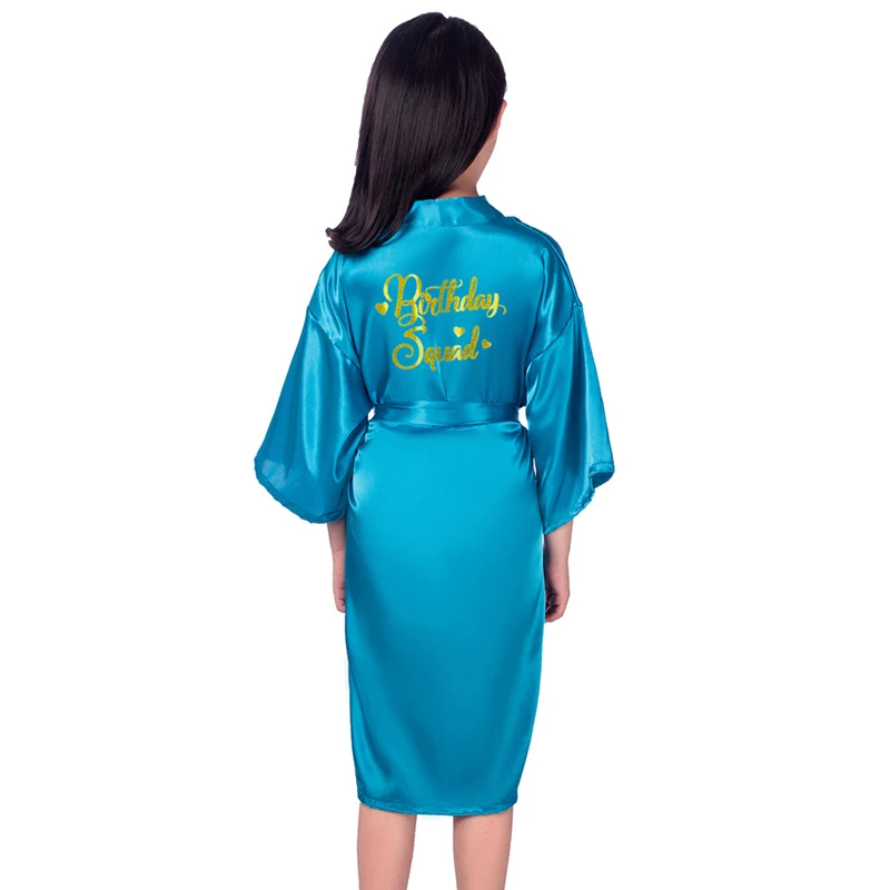 Wholesale Birthday Squad Gold Glitter Girl Robes Children Satin kimono Solid Color Kids Sleepwear for Birthday Spa Party D62