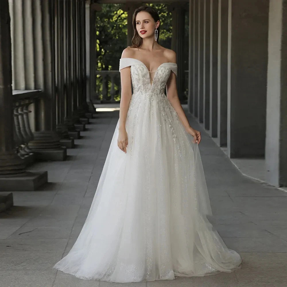 Luxury A Line Bridal Gowns 2024 Boat neck Sleeveless Sequins Wedding Dress Custom Made High Quality Princess Bride Dresses