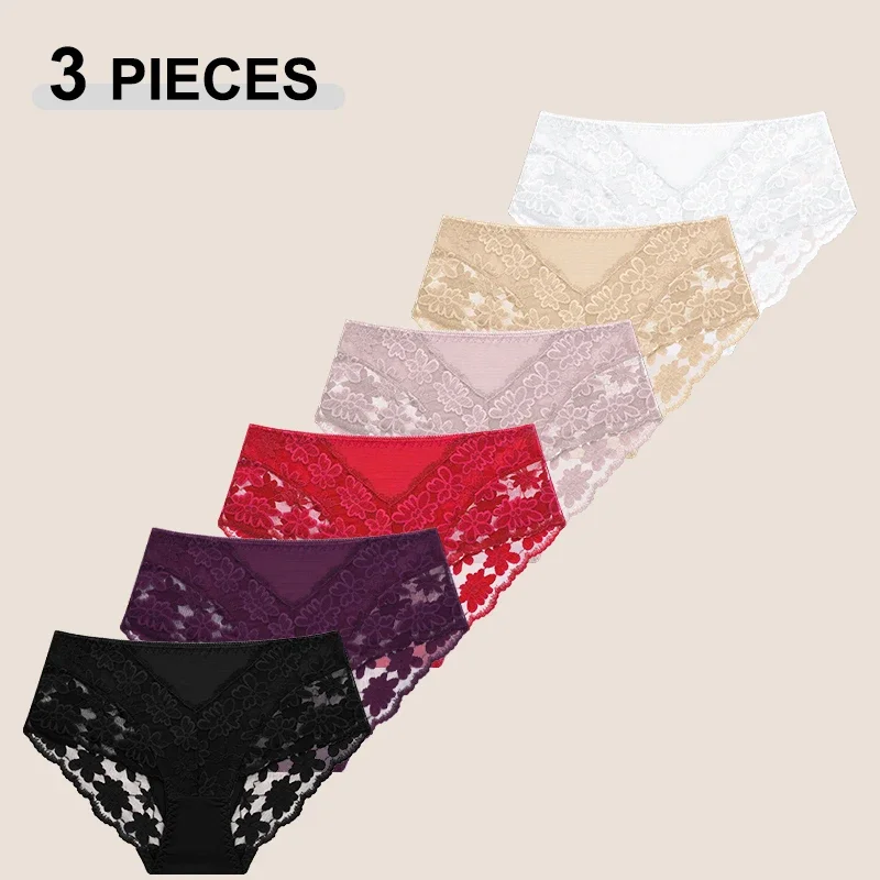3Pcs/Set Women's Sexy Lace Perspective Underpants Seamless Breathable Solid Color Elastic Underwear Female Transparent Lingerie