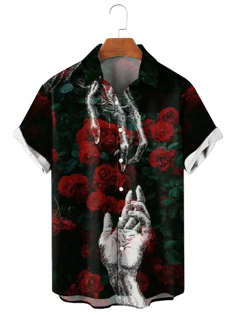 Unisex Fashion Skull Floral Men\'s Shirts Funny 3D Print Streetwear Short Sleeve Hawaiian Shirt Prints Lapel For Men