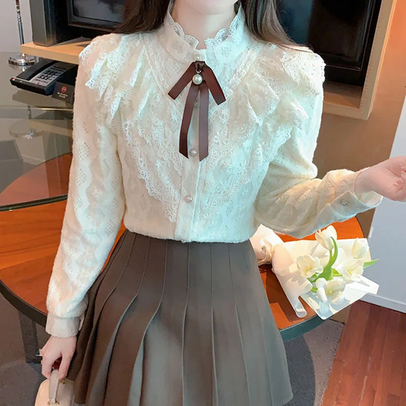 Winter Women Shirt Long Sleeve Lace Adding Fleece Korean Style Unique and Elegant Pearl Bow Lace Apricot Women Tops Shirts D230