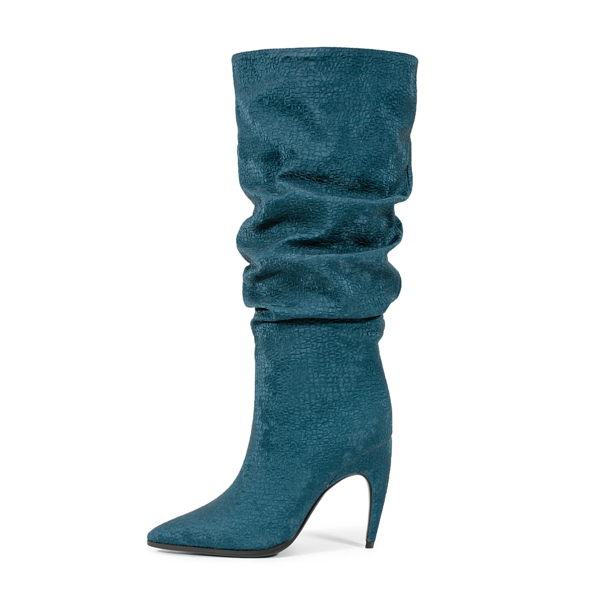

Arden Furtado emboss Suede Pleated Mid-Calf Boots Pointed toe Slip-on Super high heel Modern boots Simple style large size