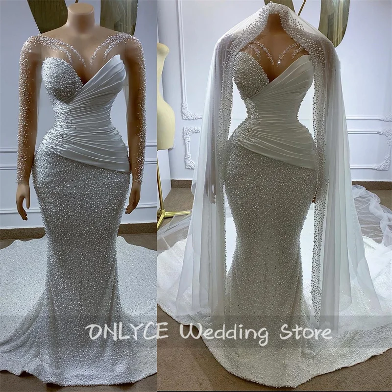 

Luxurious Pearls Beaded Wedding Dresses With Cape Sheer Sleeves Mermaid Bridal Gowns Crystal Beads Robe De Mariee