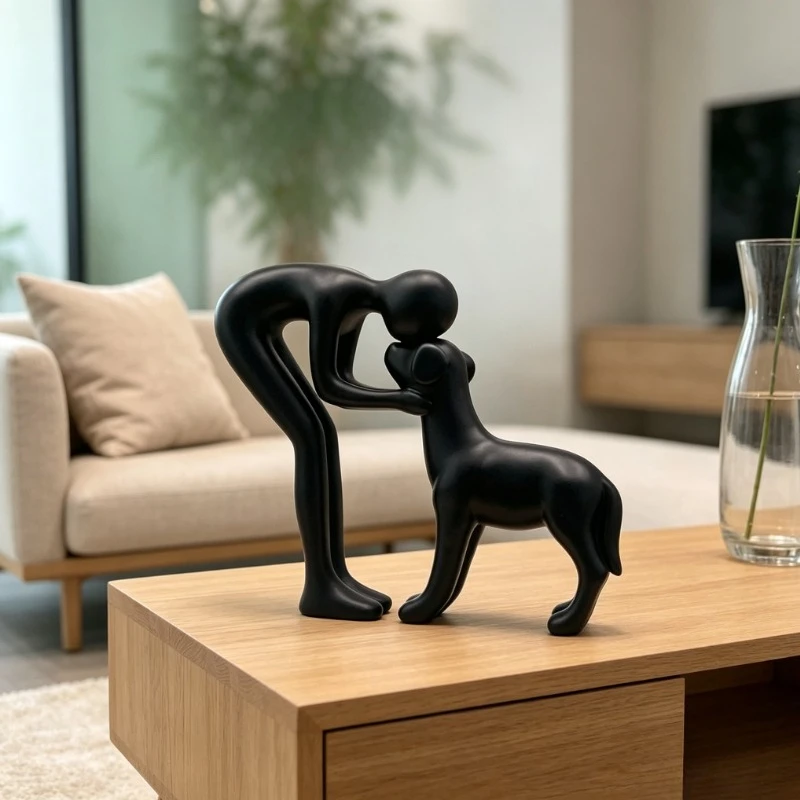Nordic Resin Man & Dog Sculpture, Black Abstract Kissing Statue for Home Office Desk Decor & Pet Lover Gift