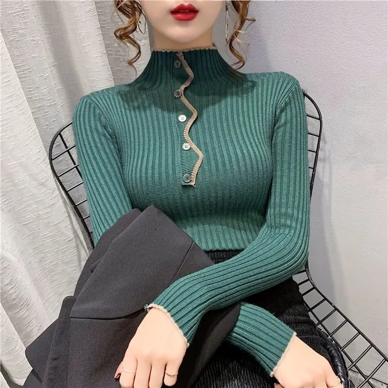 2023 AutumnWinter Korean Style Popular Turtleneck Buttons Up Women Clothes Casual Slim Simplicity Simple Long Sleeved Pullover