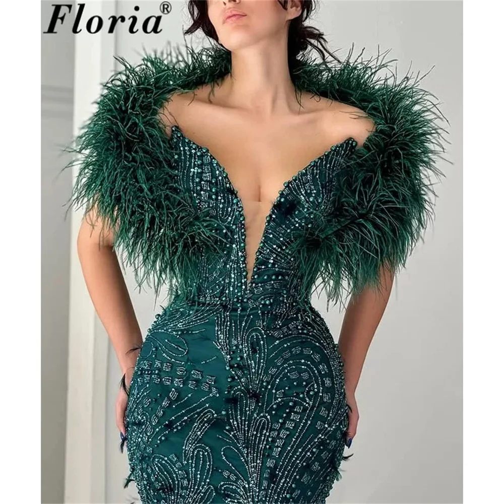 Customized Green Feathers Off Shoulder Evening Dresses Luxury V Neck Special Prom Dress Vestidos De Cóctel Beaded Party Night view 2