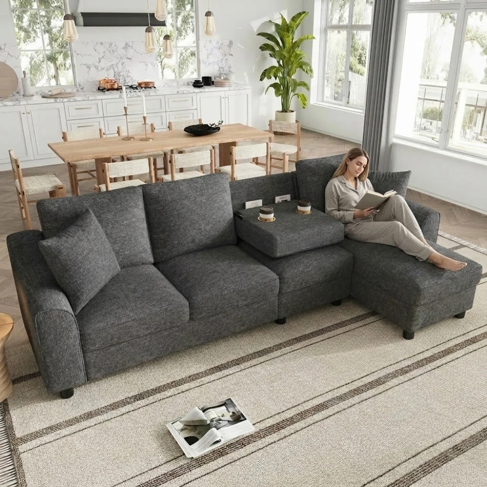 Modernes L-förmiges 3-Sitzer Chenille-Ecksofa, Modulares Sektionalsofa mit Chaiselongue mit Klappstauraum, Klappbarer Rückenlehne & Integrierten Getränkehaltern, Multifunktionales Polstersofa,