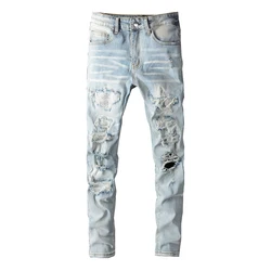 Männer Kristall Löcher Zerrissene Patchwork Jeans Streetwear Hellblau Denim Dünne Dünne Bleistift Hosen Hosen