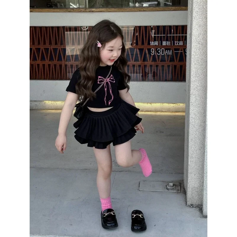 

Children's Short SleeveTT-shirt2024Summer New Children's Clothing Girls Bow Top Pleated Pantskirt