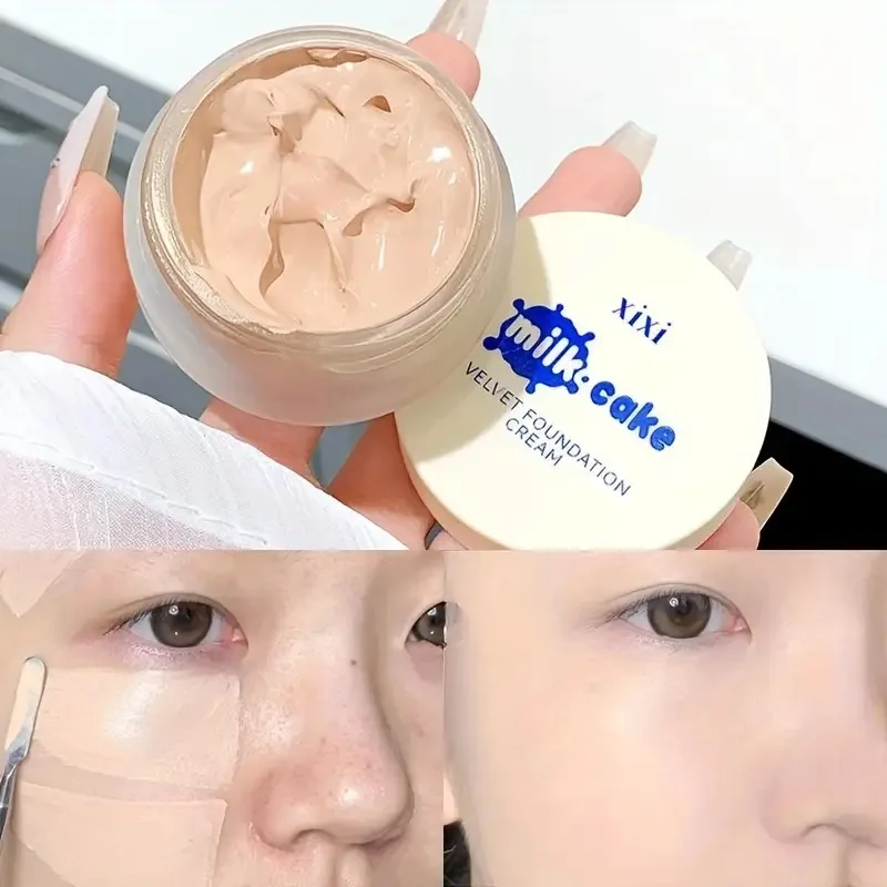 Milk Cake Velvet Foundation Cream,Full Coverage Hydrating Concealer Brightening Pore Minimizer for All Skin Tones