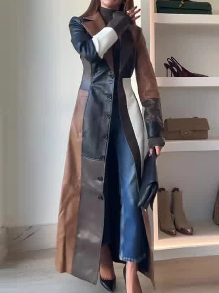 Mode Farbe Botschaft Spleißen Langes Kleid Casual Langarm Blazer Party Kleid frauen Elegante Revers Taste Pu Leder Kleid