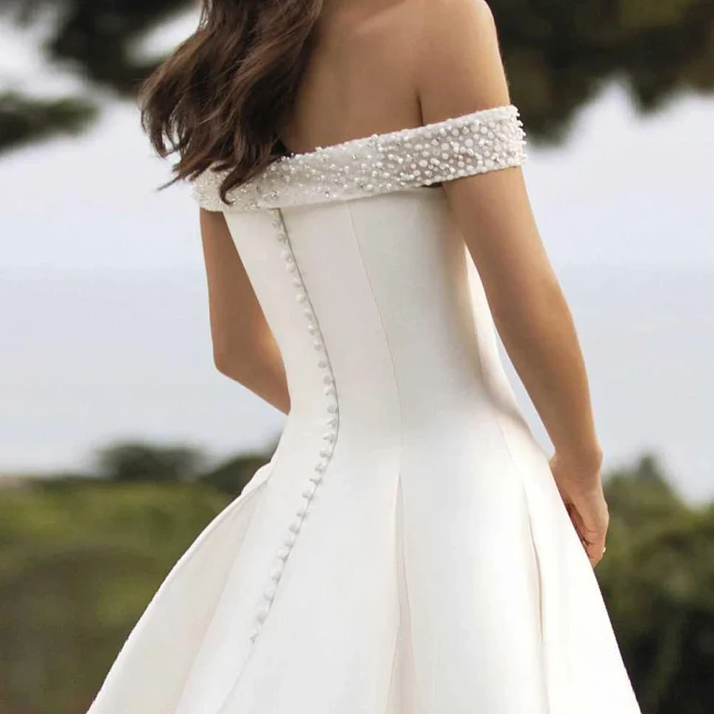 Vestidos de novia personalizados con hombros descubiertos, línea A, escote en V profundo, apliques de encaje con cuentas, Vestido de novia con cremallera de satén