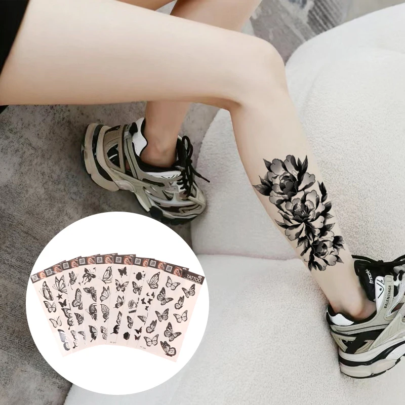 1 Sheet Black Flower Butterfly Temporary Tattoos For Women Men Wild Plant Fake Tattoo Sticker Adults Face Hands Body Art Tattoo