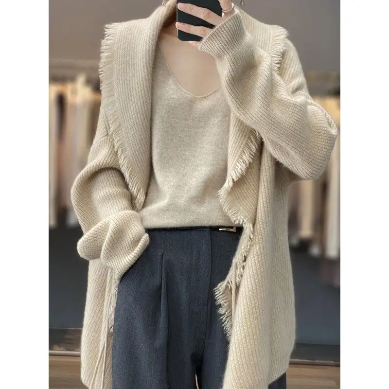 Women Clothing Stylish Lace Up Chic Oversized Cashmere Knitted Cardigan Vintage Streetwear Long Sleeve Asymmetrical Sweater Coat