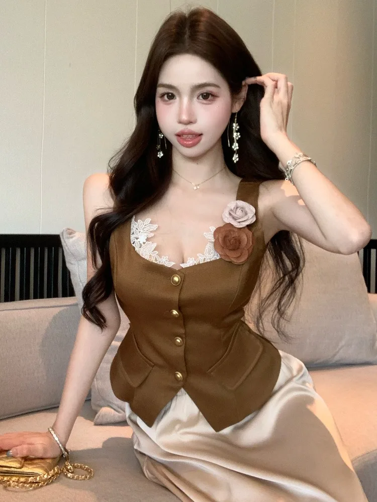

Chic Square Collar Strap Women's Summer New High Waist Long Skirt Half Skirt Two Piece Set Fashionable Commute Slim Fit Polye...