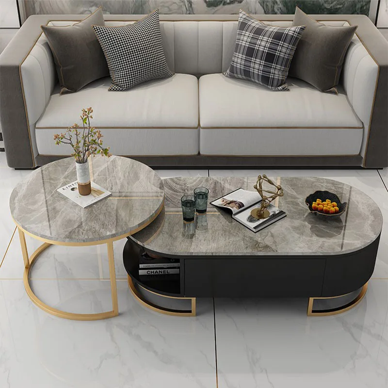 

￥#Modern Luxury Wood Marble Oval Coffee Table Set Living Room Extendable Gold Home with Drawers Furniture Stainless Steel Design