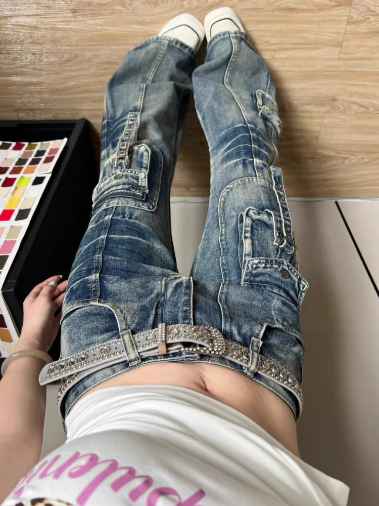 Women Vintage Distressed Flare Jeans Grunge Ripped Frayed Edge Denim Pants Low Waist Multi Pocket Street Fashion Cargo Trousers