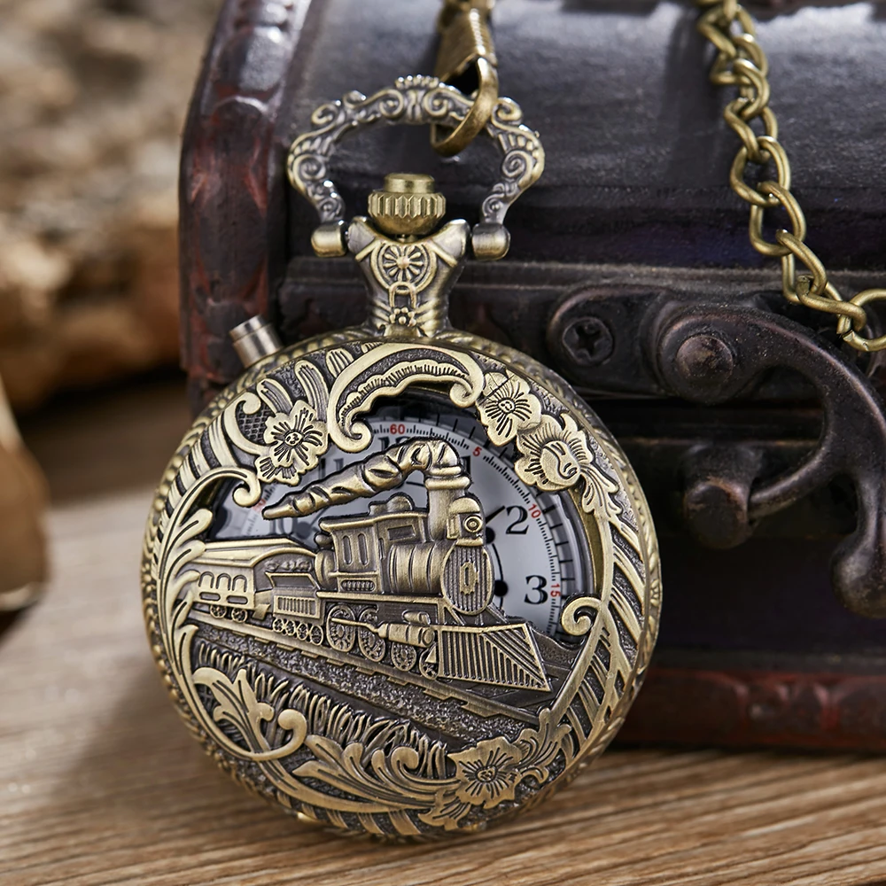 Retro Bronze Train Locomotive Steampunk Vintage Quartz Pocket Watch with Chain FOB Women Men Watches Clock Necklace Pendant Gift