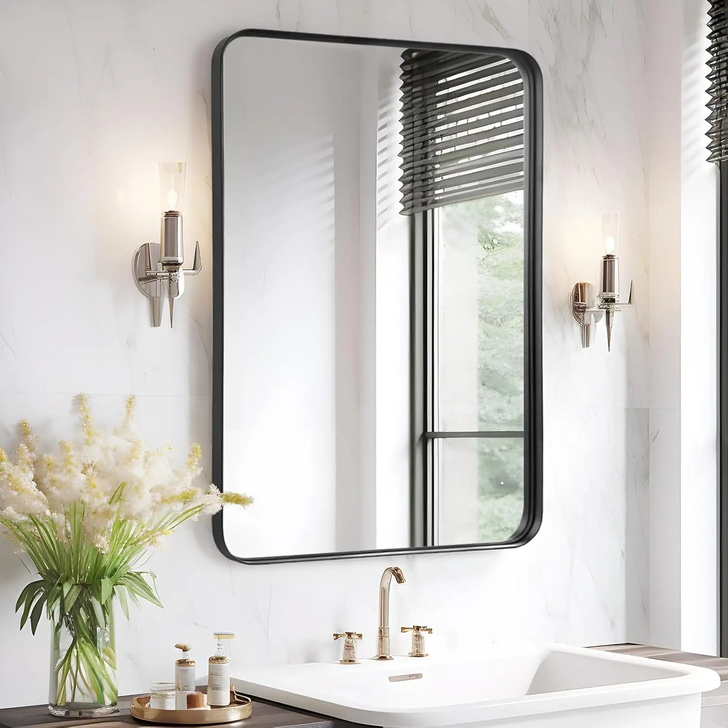 

24x36 Black Framed Bathroom Mirror Over Sink, Wall Mounted, Hangs Vertically or Horizontally