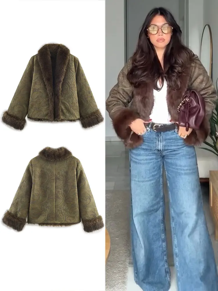 

HH женское пальто с воротником из искусственного меха и фиоральной вышивкой, винтажная куртка с длинными рукавами и открытой строчкой, зимняя утепленная теплая женская шикарная верхняя одежда