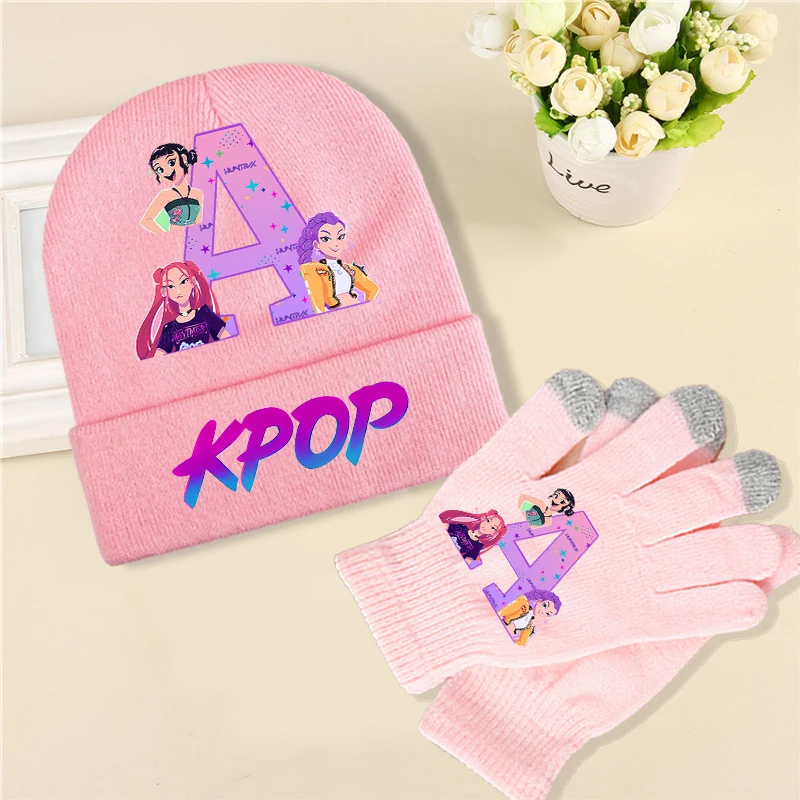 2 pçs kpop demônio caçadores chapéu de malha luvas terno dos desenhos animados carta impressa malha chapéus luvas conjunto crianças inverno acessórios quentes