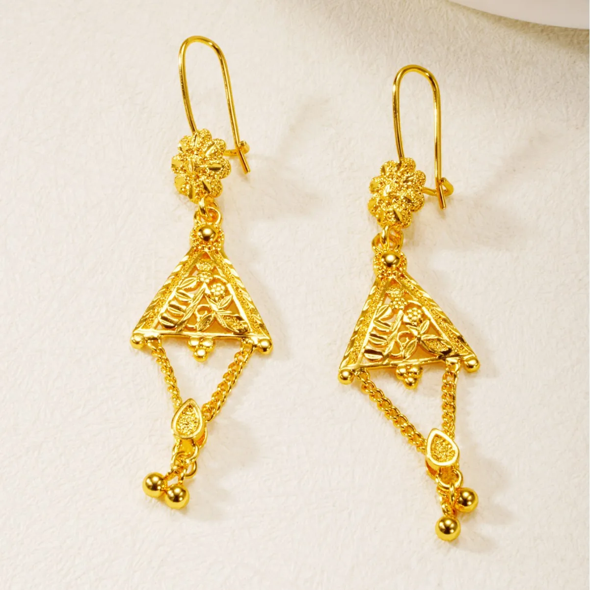 9999 gold hollow leaf fringed long-style women's earrings with vintage flower ethnic style design