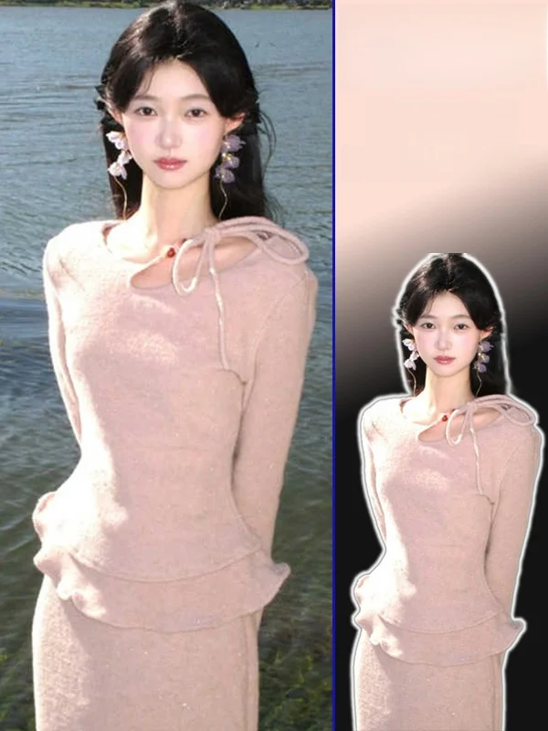 

plus Size Pink Long Sve Slimming Skirt Set Sweet Youthful Gentle Sle High Waist Flounce Hem Warm Faionable Women's Ens...