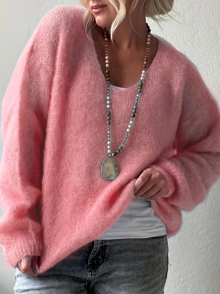 

Sweet Pink Female Chic Sweaters, Women Spring Autumn Elegant Fashion Long Sleeve Tops, New V Neck Casual Simple Ladies Pullovers