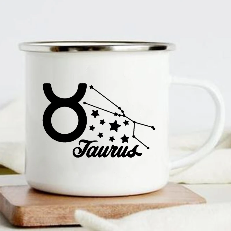 Twelve Constellations Print Enamel Mug Creative Coffee Tea Water Milk Cups Camping Vacation Mugs Handle Drinkware Birthday Gifts