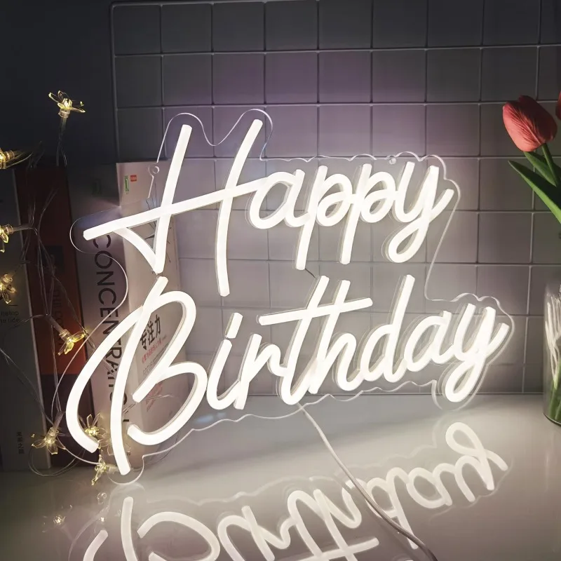 Imagem -05 - Warm White Happy Birthday Neon Sign Pode Ser Pendurado ou Colocado Flat Light Natal Aniversário Presente de Graduação Cafés 5v 165 x 11